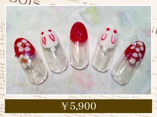クリアに赤い花のチップ×白いドット - Mani&Pedi by Lotus Garden 心斎橋