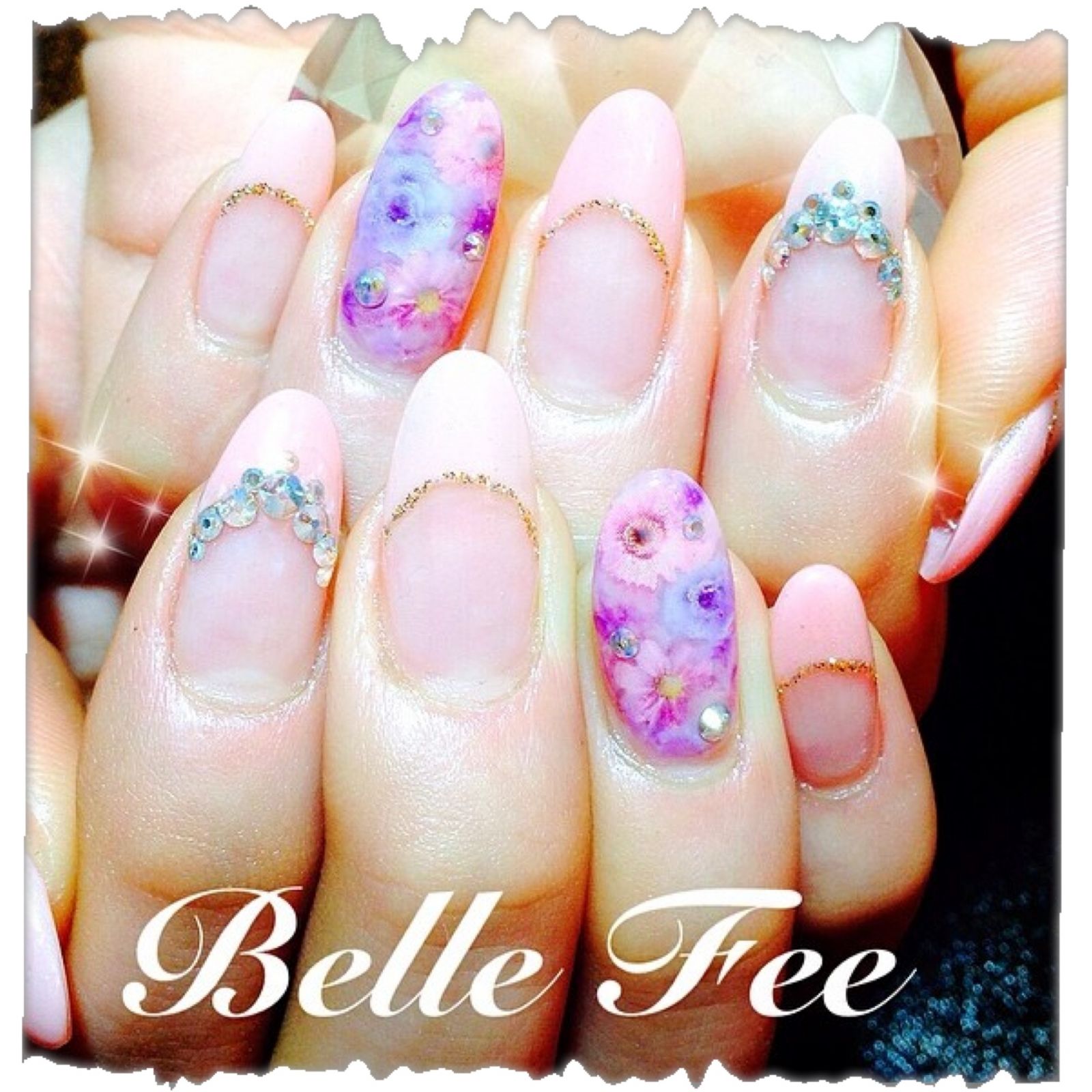 ピンクベージュのフレンチ×パープルの押し花 - Ｂｅｌｌｅ　Ｆｅｅ