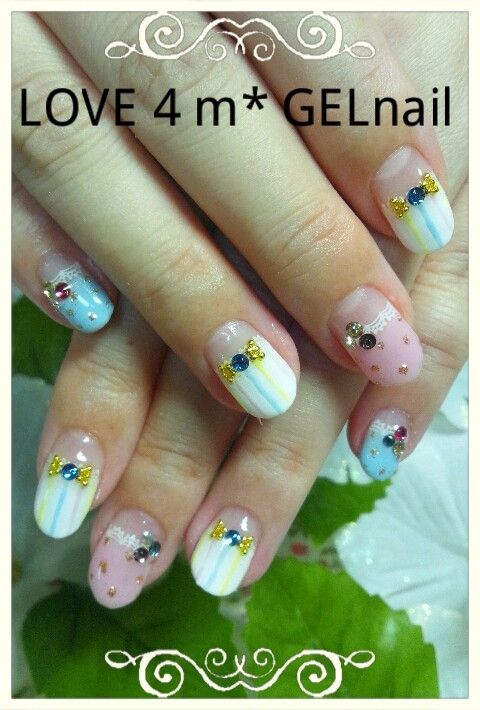 パステルのボーダー柄×ゴールドのリボン - LOVE4m*GELnail