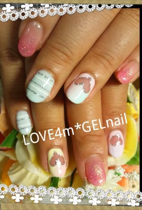 ピンクのラメグラデ×ミントのくまシルエット - LOVE4m*GELnail