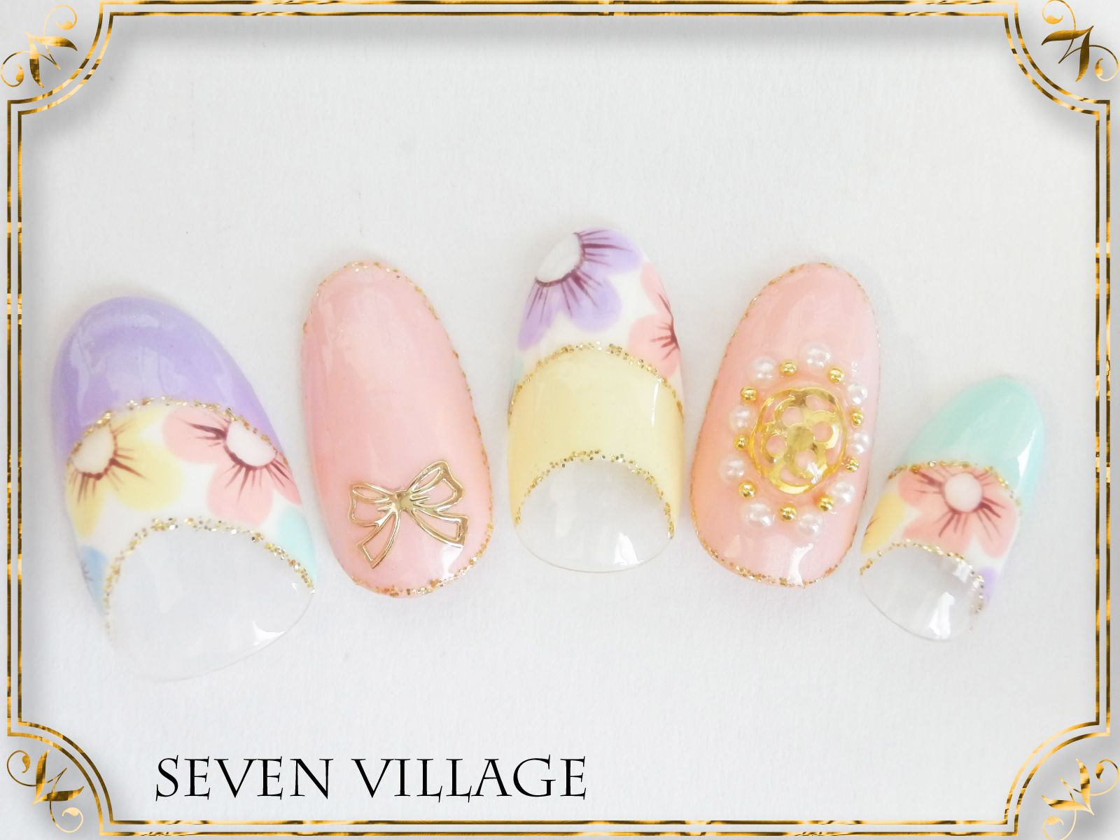 パステルカラーの逆フレンチ×リボンと3Dフラワー - Seven Village -Neil-