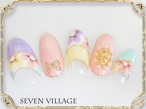 パステルカラーの逆フレンチ×リボンと3Dフラワー