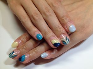ネイビー×ターコイズのワンカラー×リーフライン