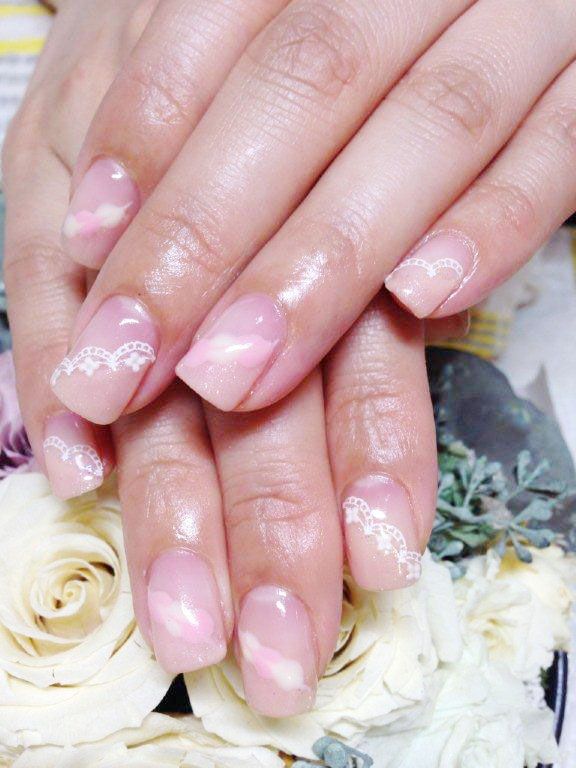 ピンクベージュのマーブル×白のレース模様 - La.Grace