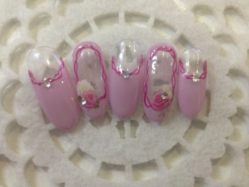 ピンクのワンカラーチップ×3Dのバラとフレームライン - Jetnail 西宮店