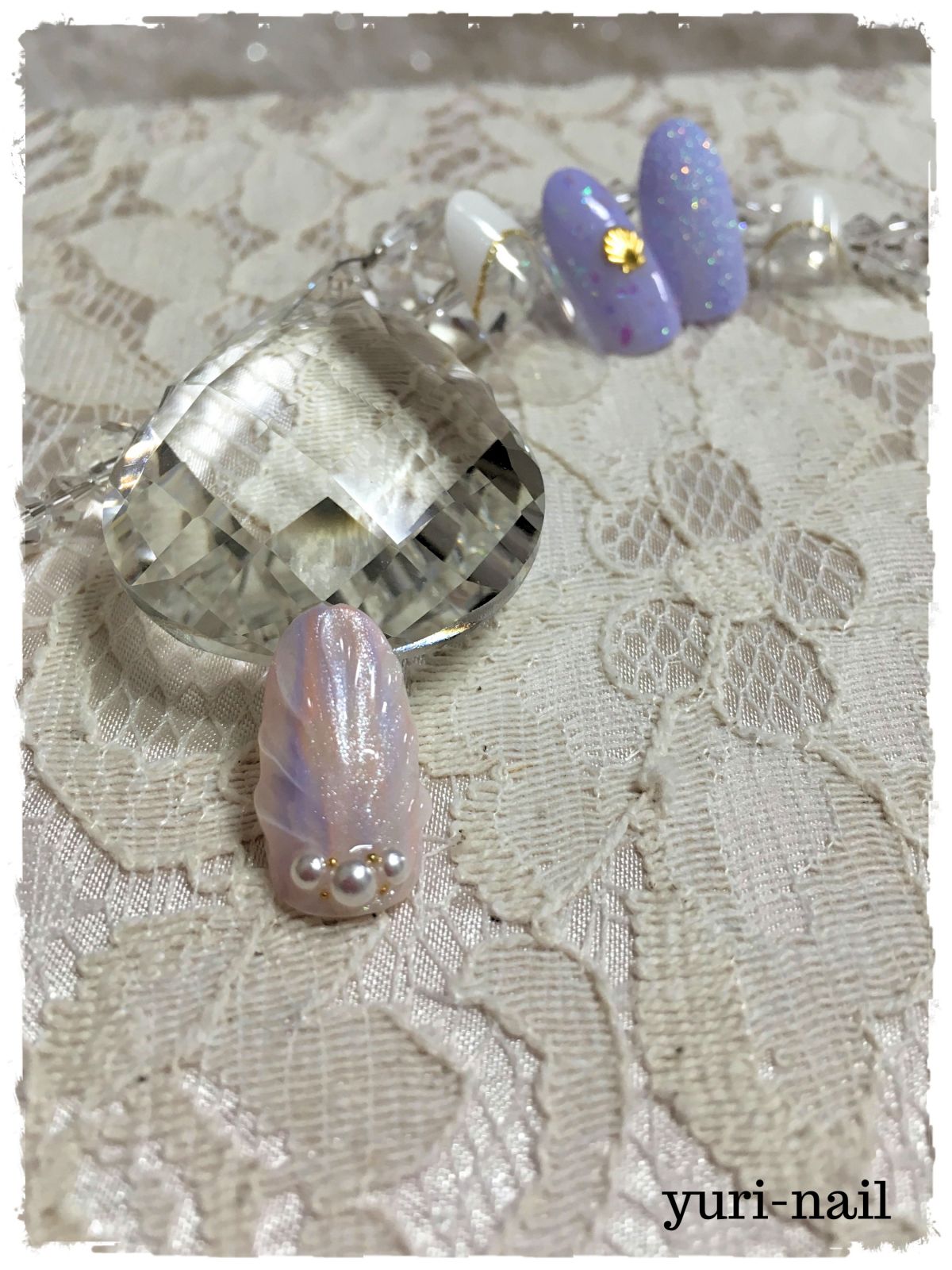 ラベンダーラメ×ピンクのオーロラチップ×パール - ホームネイルサロン/Yuri-Nail