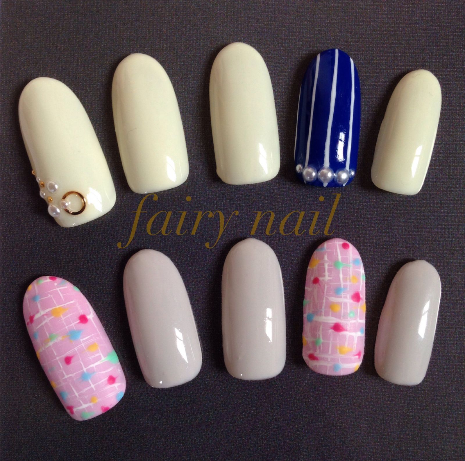 クリームイエローとグレージュのツイード柄チップ見本 - fairy nail アズーリ店
