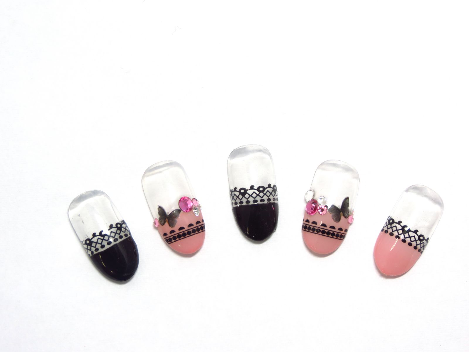 ピンク×ブラックのレース柄見本×リボンパーツ - Nails Lani